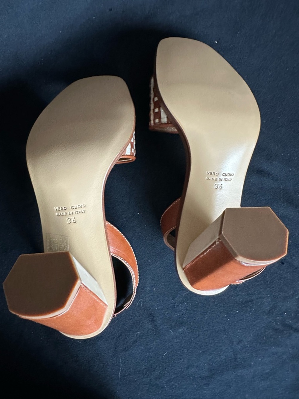 Made in Italy Brown & Cream Woven Slingback Block Heels strap and buckle sandals - Picture 14 of 16